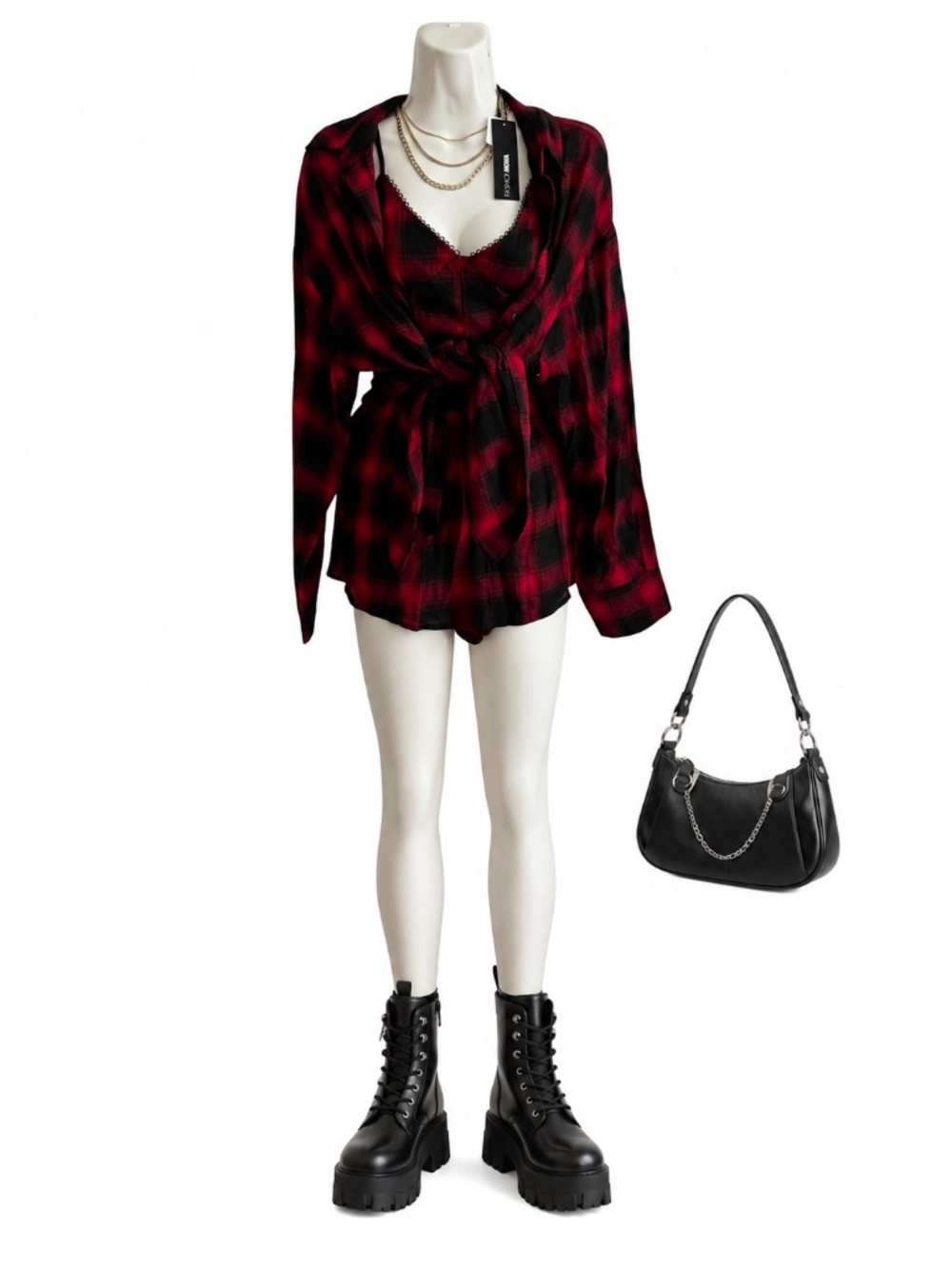 NWT Fashion Nova Plaid Romper & Cardigan Set S